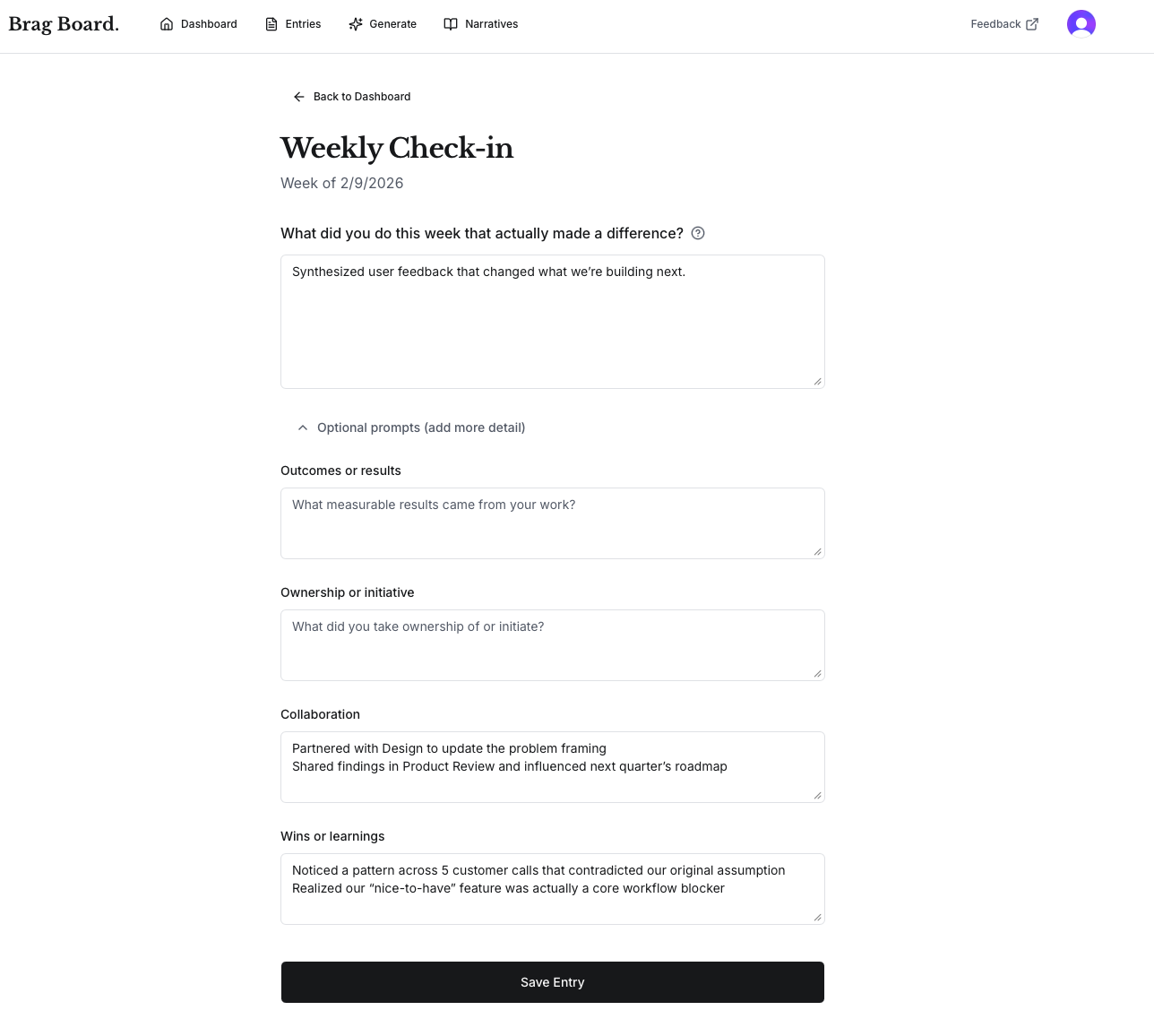 Brag Board brag screen with guided prompts