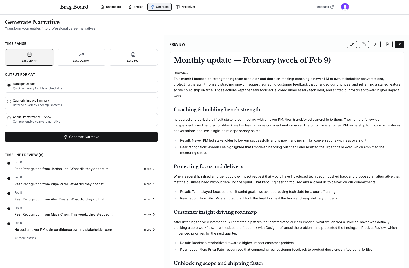AI-generated career narrative summary